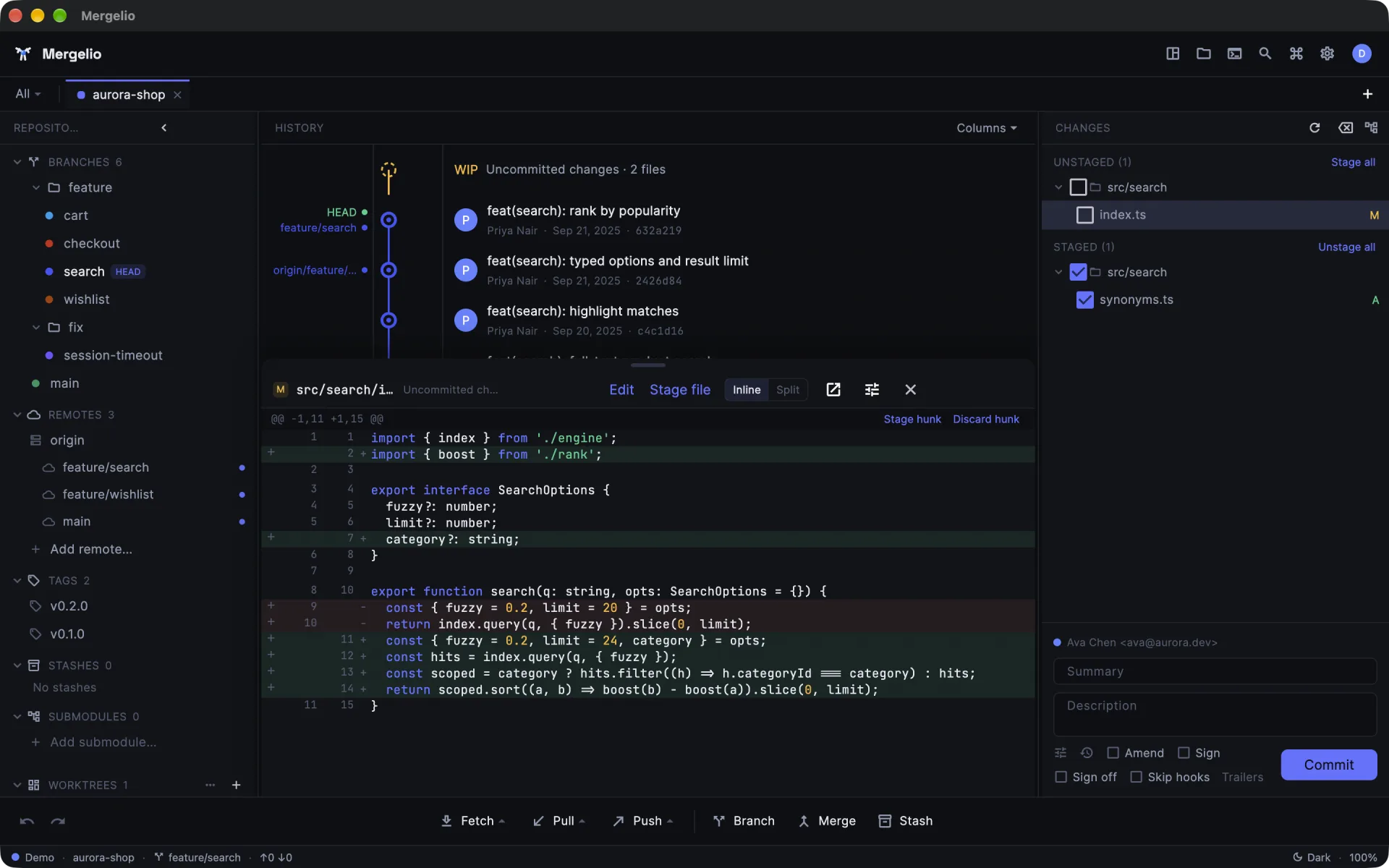 Mergelio diff sheet showing an inline diff of a TypeScript file with Stage hunk and Discard hunk buttons.