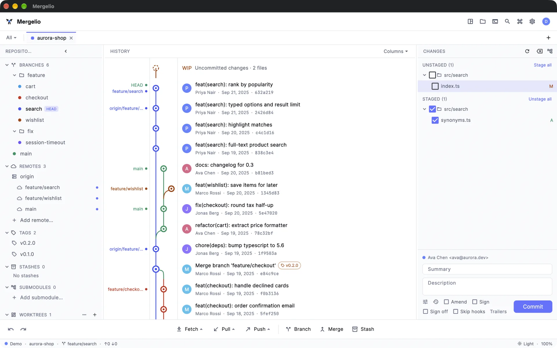 Mergelio window: branch list on the left, commit graph in the middle and the Changes panel with staged and unstaged files on the right.